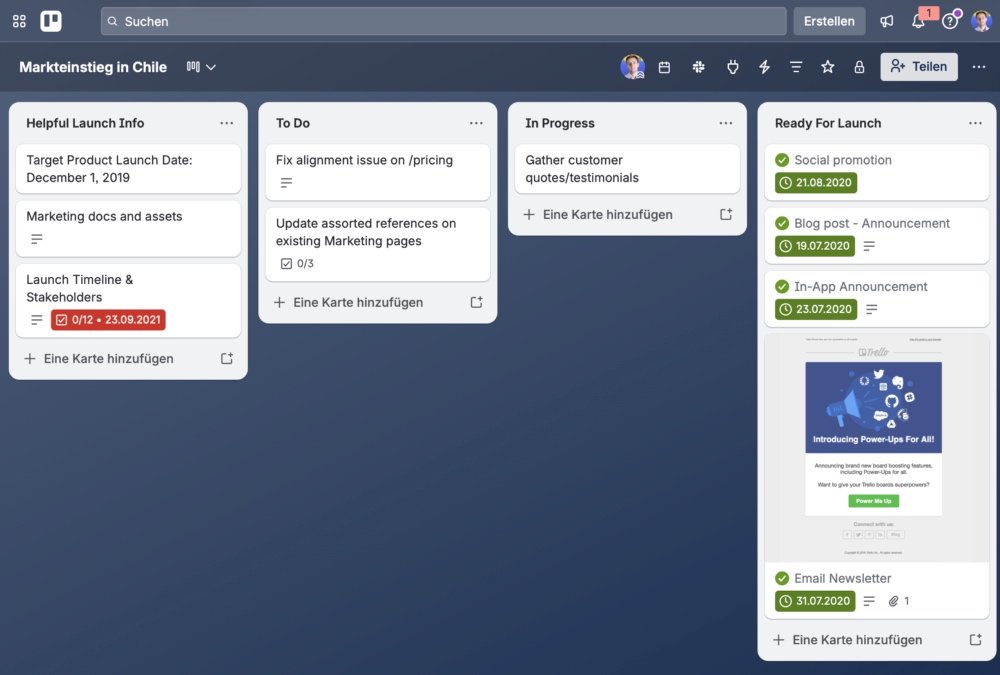 Beispiel-Trello-Board mit chilenischen Projektkarten (CODELCO, ENEL) – Echtzeit-Einblick in unsere Arbeit